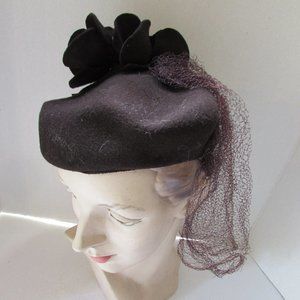 SALE Vintage Hat Brown Felt Flower Clutch Side Veil 1940 Style
